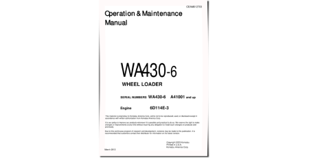 WA430-6 (SN: A41001-42000) 4WD Wheeled Loaders with 6D114E-3 engines (USA) Operate and Maintenance manual (CEAM012703)