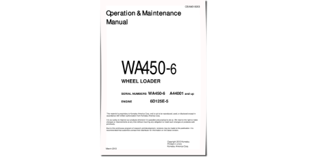 WA450-6 (SN from A44001) 4WD Wheeled Loaders with 6D125E-5 engines (USA) Operate and Maintenance manual (CEAM018203)