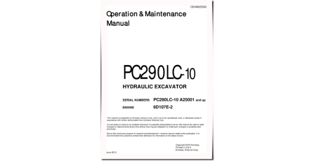 PC290LC-10 (SN from A25001) Crawler Excavators with 6D107E-2 engines (USA) Operate and Maintenance manual (CEAM025303)