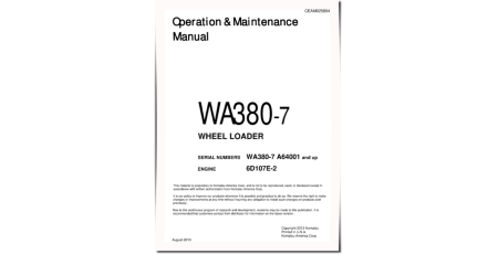 WA380-7 (SN from A64001) 4WD Wheeled Loaders with 6D107E-2 engines (USA) Operate and Maintenance manual (CEAM025804)