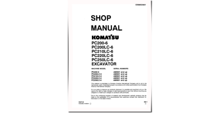 PC200-6, PC200LC-6, PC210LC-6, PC220LC-6, PC250LC-6 Crawler Excavators (USA) Workshop Manual (CEBDX20601)