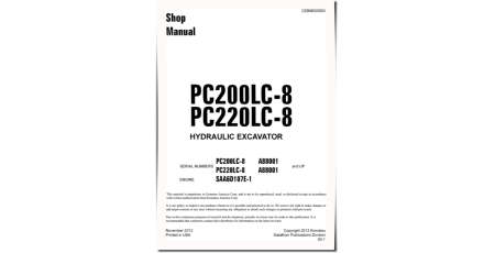 PC200LC-8 and PC220LC-8 (SN: A88001-90300) Crawler Excavators with SAA6D107E-1 engines Workshop Manual (CEBM000903)