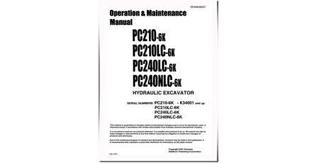 PC210-6K, PC210LC-6K, PC240LC-6K and PC240NLC-6K Crawler Excavators (UK) Operate and Maintenance manual (EEAD006007)