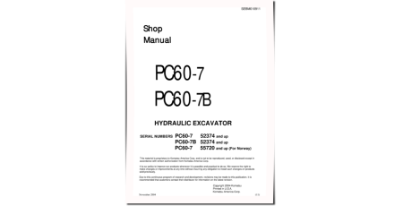 PC60-7 (SN from 52374) and PC60-7B (SN from 52374) Crawler Excavators (Japan) Workshop Manual (SEBD010911)