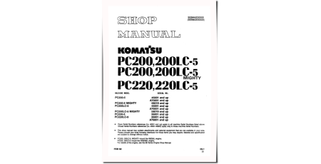 PC200-5, PC200-5 MIGHTY, PC200LC-5, PC200LC-5 MIGHTY, PC220-5, PC220LC-5 Crawler Excavators Workshop Manual (SEBDA2050508)