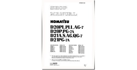 D20AG-7, D20P(G,L,LL)-7, D21A(G)-7, D21P(G)-7, D21QG-7 and D21S-7 Crawler Dozers (Japan) Workshop Manual (SEBM001408)