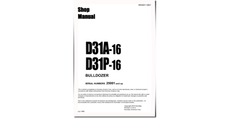 D31A-16 (SN from 25001) and D31P-16 (SN from 25001) Crawler Dozers (Japan) Workshop Manual (SEBM0114B01)
