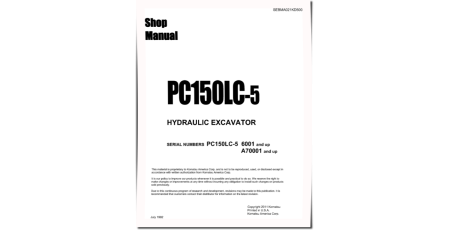 PC150-5 (SN: 06001-06437) and PC150LC-5 (SN from A70001) Crawler Excavators Workshop Manual (SEBMA021KD500)
