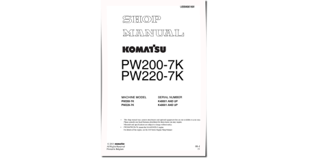PW200-7K and PW220-7K (SN from K40001) Wheeled Excavators (UK) Workshop Manual (UEBM001901)