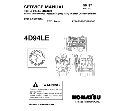 Komatsu 4D94LE Diesel Engines (Applicable for FD20/25/28/30/32/35-16 Forklift Trucks) Repair Manual (4D94LE-BE1_SM197) Komatsu 4D94LE Diesel Engines (Applicable for FD20/25/28/30/32/35-16 Forklift Trucks) Repair Manual (4D94LE-BE1_SM197)