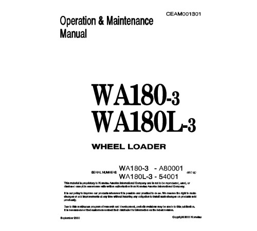 Komatsu WA180-3-L and WA180L-3 4WD Wheeled Loaders (Japan) Operate and Maintenance manual (CEAD001301) Komatsu WA180-3-L and WA180L-3 4WD Wheeled Loaders (Japan) Operate and Maintenance manual (CEAD001301)