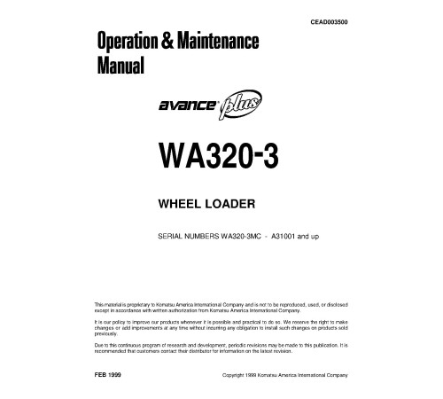 Komatsu WA320-3-MC (SN from A31001) 4WD Wheeled Loaders (Japan) Operate and Maintenance manual (CEAD003500) Komatsu WA320-3-MC (SN from A31001) 4WD Wheeled Loaders (Japan) Operate and Maintenance manual (CEAD003500)