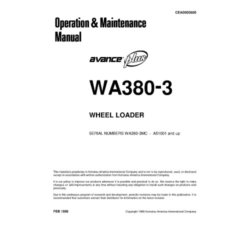 Komatsu WA380-3-MC (SN from A51001) 4WD Wheeled Loaders (Japan) Operate and Maintenance manual (CEAD003600) Komatsu WA380-3-MC (SN from A51001) 4WD Wheeled Loaders (Japan) Operate and Maintenance manual (CEAD003600)