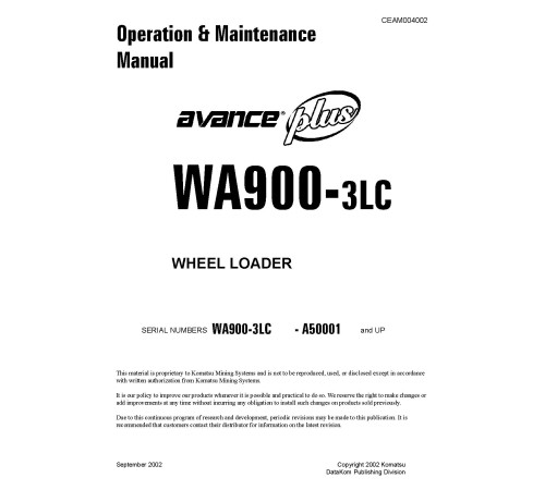 Komatsu WA900-3-LC (SN from A50001) 4WD Wheeled Loaders (USA) Operate and Maintenance manual (CEAD004002) Komatsu WA900-3-LC (SN from A50001) 4WD Wheeled Loaders (USA) Operate and Maintenance manual (CEAD004002)