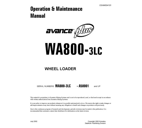 Komatsu WA800-3-LC (SN from A50001) 4WD Wheeled Loaders (USA) Operate and Maintenance manual (CEAD004101) Komatsu WA800-3-LC (SN from A50001) 4WD Wheeled Loaders (USA) Operate and Maintenance manual (CEAD004101)