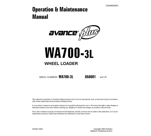 Komatsu WA700-3-L (SN from A50001) 4WD Wheeled Loaders (USA) Operate and Maintenance manual (CEAD004401) Komatsu WA700-3-L (SN from A50001) 4WD Wheeled Loaders (USA) Operate and Maintenance manual (CEAD004401)