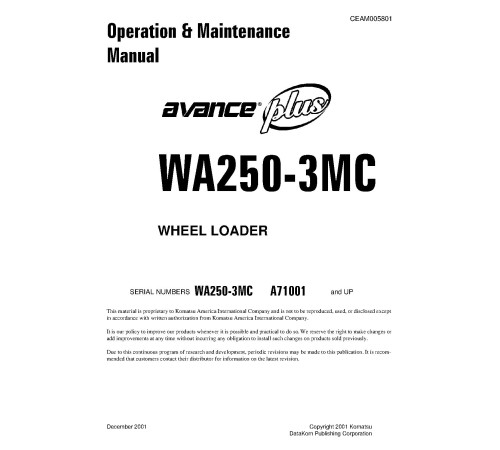 Komatsu WA250-3-MC (SN from A71001) 4WD Wheeled Loaders (Japan) Operate and Maintenance manual (CEAD005801) Komatsu WA250-3-MC (SN from A71001) 4WD Wheeled Loaders (Japan) Operate and Maintenance manual (CEAD005801)