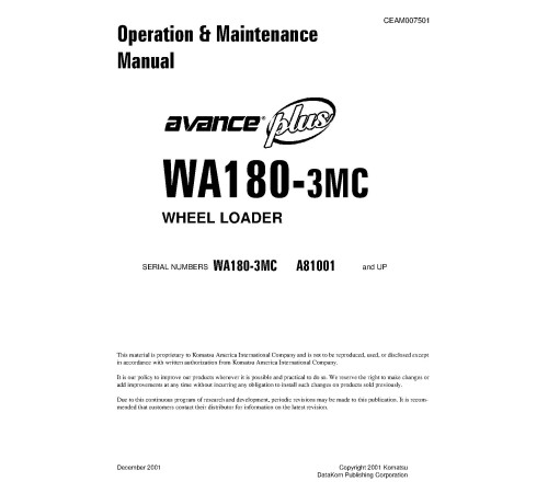 Komatsu WA180-3-MC (SN from A81001) 4WD Wheeled Loaders (Japan) Operate and Maintenance manual (CEAD007501) Komatsu WA180-3-MC (SN from A81001) 4WD Wheeled Loaders (Japan) Operate and Maintenance manual (CEAD007501)