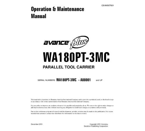Komatsu WA180PT-3-MC (SN from A88001) Parellel Tool Cariers (Japan) Operate and Maintenance manual (CEAD007601) Komatsu WA180PT-3-MC (SN from A88001) Parellel Tool Cariers (Japan) Operate and Maintenance manual (CEAD007601)