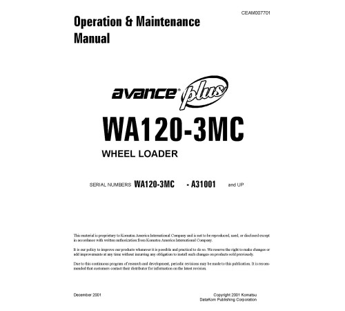 Komatsu WA120-3-MC (SN from A31001) 4WD Wheeled Loaders (Japan) Operate and Maintenance manual (CEAD007701) Komatsu WA120-3-MC (SN from A31001) 4WD Wheeled Loaders (Japan) Operate and Maintenance manual (CEAD007701)
