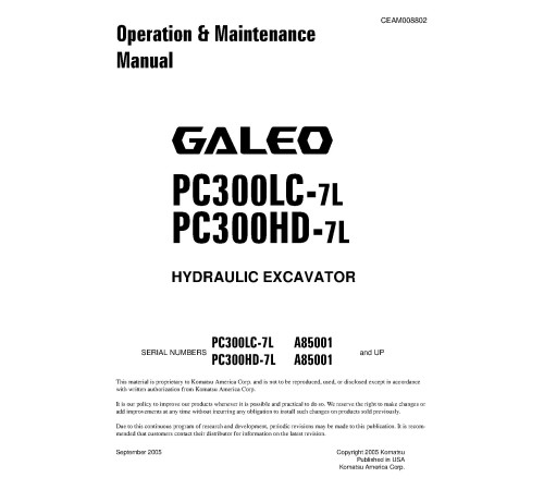 Komatsu PC300HD-7L and PC300LC-7L (SN from A85001) Crawler Excavators (USA) Operate and Maintenance manual (CEAD008802) Komatsu PC300HD-7L and PC300LC-7L (SN from A85001) Crawler Excavators (USA) Operate and Maintenance manual (CEAD008802)
