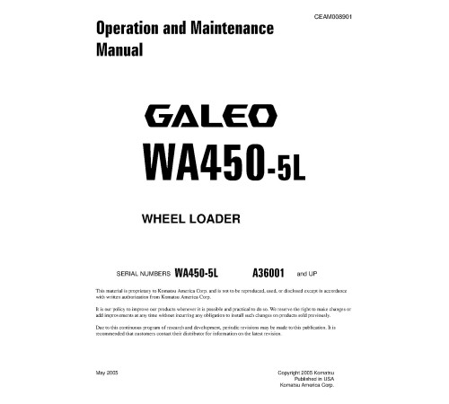 Komatsu WA450-5-L (SN from A36001) 4WD Wheeled Loaders (Japan) Operate and Maintenance manual (CEAD008901) Komatsu WA450-5-L (SN from A36001) 4WD Wheeled Loaders (Japan) Operate and Maintenance manual (CEAD008901)