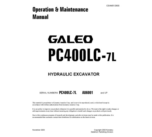 Komatsu PC400LC-7L (SN from A86001) Crawler Excavators (USA) Operate and Maintenance manual (CEAD012900) Komatsu PC400LC-7L (SN from A86001) Crawler Excavators (USA) Operate and Maintenance manual (CEAD012900)