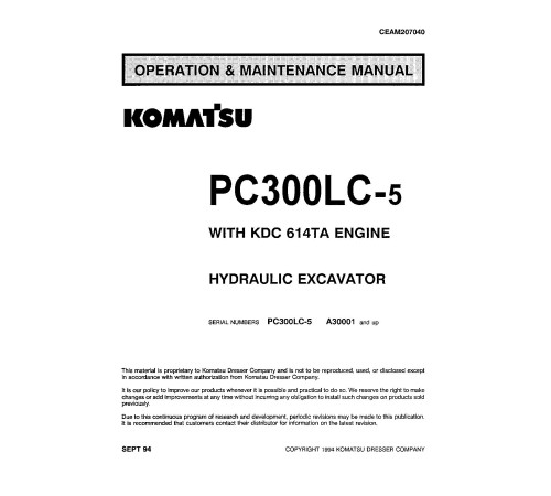 Komatsu PC300LC-5 (SN from A30001) Crawler Excavators (USA) Operate and Maintenance manual (CEAD207040) Komatsu PC300LC-5 (SN from A30001) Crawler Excavators (USA) Operate and Maintenance manual (CEAD207040)