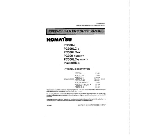 Komatsu PC300-5, PC300HD-5, PC300LC-5 Crawler Excavators Operate and Maintenance manual (CEAD207074) Komatsu PC300-5, PC300HD-5, PC300LC-5 Crawler Excavators Operate and Maintenance manual (CEAD207074)