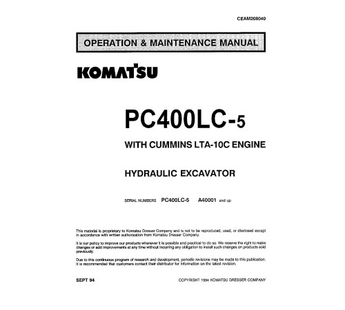 Komatsu PC400LC-5 (SN from A40001) Crawler Excavators (USA) Operate and Maintenance manual (CEAD208040) Komatsu PC400LC-5 (SN from A40001) Crawler Excavators (USA) Operate and Maintenance manual (CEAD208040)