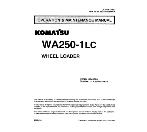 Komatsu WA250-1-LC (SN from A65001) 4WD Wheeled Loaders (Japan) Operate and Maintenance manual (CEADW18021) Komatsu WA250-1-LC (SN from A65001) 4WD Wheeled Loaders (Japan) Operate and Maintenance manual (CEADW18021)