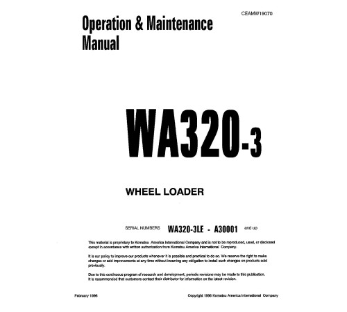 Komatsu WA320-3-L (SN from A30001) 4WD Wheeled Loaders (Japan) Operate and Maintenance manual (CEADW19070) Komatsu WA320-3-L (SN from A30001) 4WD Wheeled Loaders (Japan) Operate and Maintenance manual (CEADW19070)
