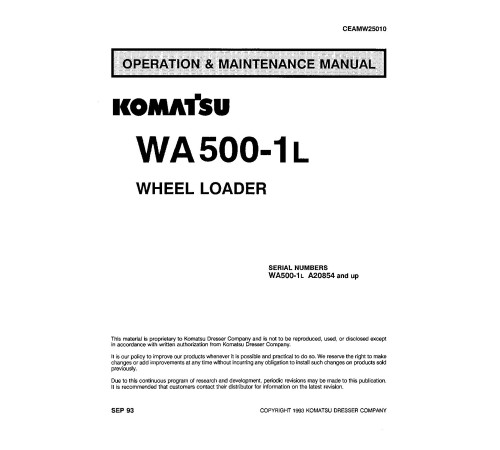 Komatsu WA500-1-L (SN from A20854) 4WD Wheeled Loaders (USA) Operate and Maintenance manual (CEAMW25010) Komatsu WA500-1-L (SN from A20854) 4WD Wheeled Loaders (USA) Operate and Maintenance manual (CEAMW25010)