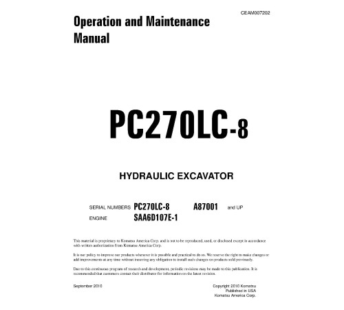 Komatsu PC270LC-8 (SN from A87001) Crawler Excavators (USA) Operate and Maintenance manual (CEAM007202) Komatsu PC270LC-8 (SN from A87001) Crawler Excavators (USA) Operate and Maintenance manual (CEAM007202)