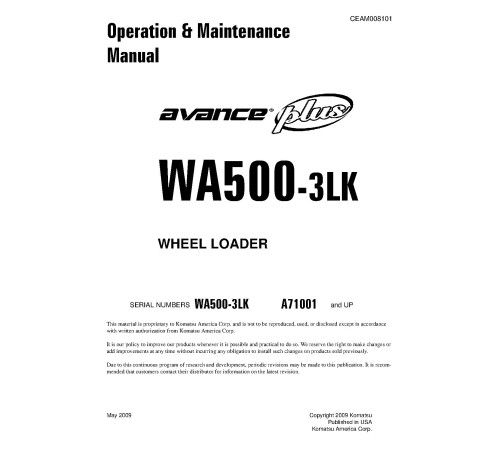 Komatsu WA500-3-LK (SN from A71001) 4WD Wheeled Loaders (Japan) Operate and Maintenance manual (CEAM008101) Komatsu WA500-3-LK (SN from A71001) 4WD Wheeled Loaders (Japan) Operate and Maintenance manual (CEAM008101)