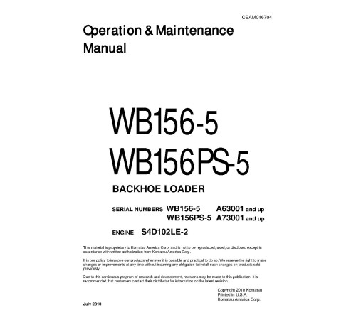 Komatsu WB156-5 and WB156PS-5 Backhoe Loaders (USA) Operate and Maintenance manual (CEAM016704) Komatsu WB156-5 and WB156PS-5 Backhoe Loaders (USA) Operate and Maintenance manual (CEAM016704)