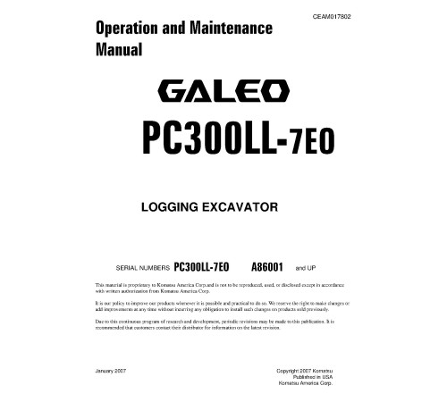 Komatsu PC300LL-7 (SN from A86001) Log Loaders (USA) Operate and Maintenance manual (CEAM017802D) Komatsu PC300LL-7 (SN from A86001) Log Loaders (USA) Operate and Maintenance manual (CEAM017802D)