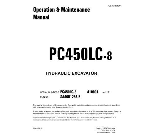 Komatsu PC450LC-8 (SN from A10001) Crawler Excavators (USA) Operate and Maintenance manual (CEAM021901) Komatsu PC450LC-8 (SN from A10001) Crawler Excavators (USA) Operate and Maintenance manual (CEAM021901)