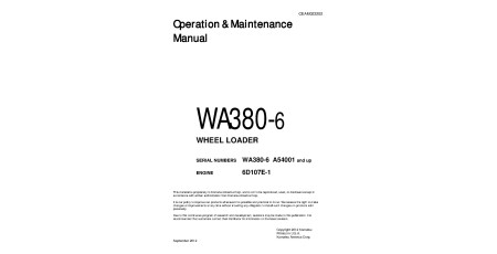 WA380-6 (SN from A54001) 4WD Wheeled Loaders with 6D107E-1 engines (USA) Operate and Maintenance manual (CEAM023202)