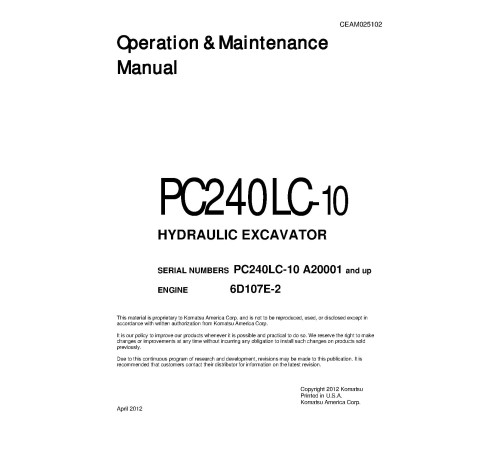 Komatsu PC240LC-10 (SN from A20001) Crawler Excavators (USA) Operate and Maintenance manual (CEAM025102) Komatsu PC240LC-10 (SN from A20001) Crawler Excavators (USA) Operate and Maintenance manual (CEAM025102)