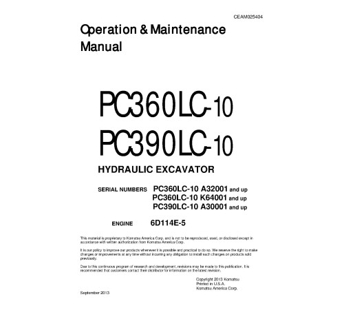 Komatsu PC360LC-10 (SN:A32001-, K64001-), PC390LC-10 (SN:A30001-) Crawler Excavators Operate and Maintenance manual (CEAM025404) Komatsu PC360LC-10 (SN:A32001-, K64001-), PC390LC-10 (SN:A30001-) Crawler Excavators Operate and Maintenance manual (CEAM025404)