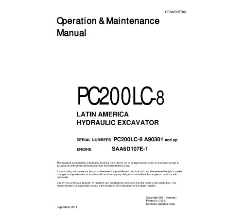 Komatsu PC200LC-8 (SN from A90301) Crawler Excavators (Latin America) Operate and Maintenance manual (CEAM025700) Komatsu PC200LC-8 (SN from A90301) Crawler Excavators (Latin America) Operate and Maintenance manual (CEAM025700)