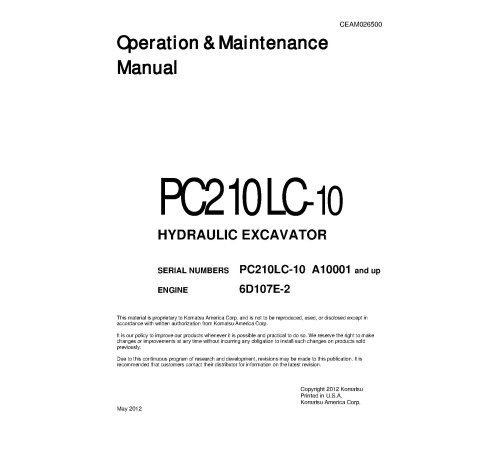 Komatsu PC210LC-10 (SN from A10001) Crawler Excavators (USA) Operate and Maintenance manual (CEAM026500) Komatsu PC210LC-10 (SN from A10001) Crawler Excavators (USA) Operate and Maintenance manual (CEAM026500)