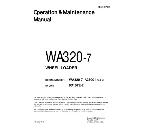 Komatsu WA320-7 (SN from A36001) 4WD Wheeled Loaders (USA) Operate and Maintenance manual (CEAM027400) Komatsu WA320-7 (SN from A36001) 4WD Wheeled Loaders (USA) Operate and Maintenance manual (CEAM027400)