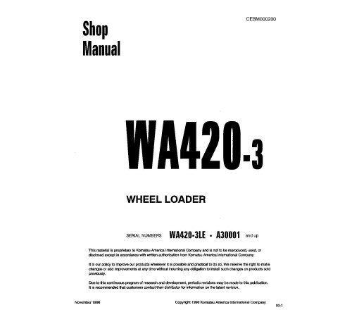 Komatsu WA420-3-L (SN from A30001) 4WD Wheeled Loaders (Japan) Workshop Manual (CEBM000200) Komatsu WA420-3-L (SN from A30001) 4WD Wheeled Loaders (Japan) Workshop Manual (CEBM000200)