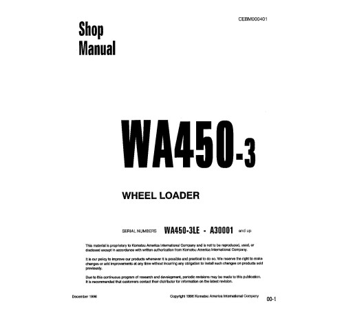 Komatsu WA450-3-L and WA450-3-LE 4WD Wheeled Loaders Workshop Manual (CEBM000401) Komatsu WA450-3-L and WA450-3-LE 4WD Wheeled Loaders Workshop Manual (CEBM000401)