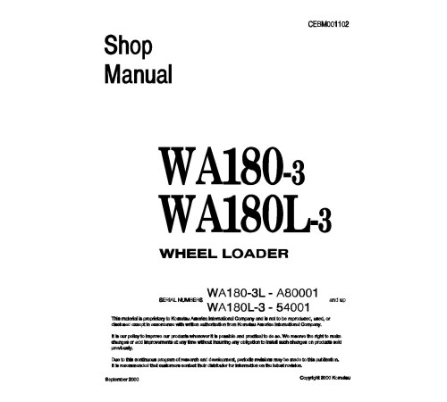 Komatsu WA180-3 and WA180L-3 4WD Wheeled Loaders (Japan) Workshop Manual (CEBD001102) Komatsu WA180-3 and WA180L-3 4WD Wheeled Loaders (Japan) Workshop Manual (CEBD001102)
