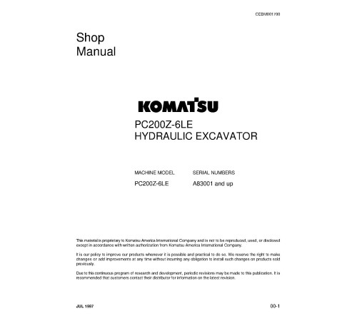 Komatsu PC200Z-6-LE (SN from A83001) Crawler Excavators (USA) Workshop Manual (CEBD001700) Komatsu PC200Z-6-LE (SN from A83001) Crawler Excavators (USA) Workshop Manual (CEBD001700)