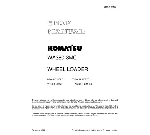 Komatsu WA380-3-MC (SN from A51001) 4WD Wheeled Loaders (Japan) Workshop Manual (CEBM003402) Komatsu WA380-3-MC (SN from A51001) 4WD Wheeled Loaders (Japan) Workshop Manual (CEBM003402)