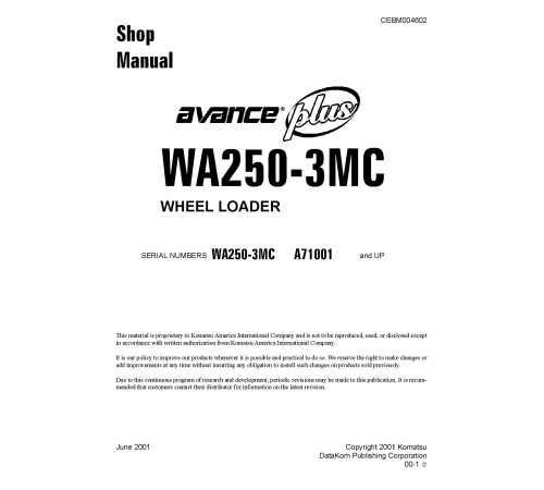 Komatsu WA250-3-MC (SN from A71001) 4WD Wheeled Loaders (Japan) Workshop Manual (CEBM004602) Komatsu WA250-3-MC (SN from A71001) 4WD Wheeled Loaders (Japan) Workshop Manual (CEBM004602)